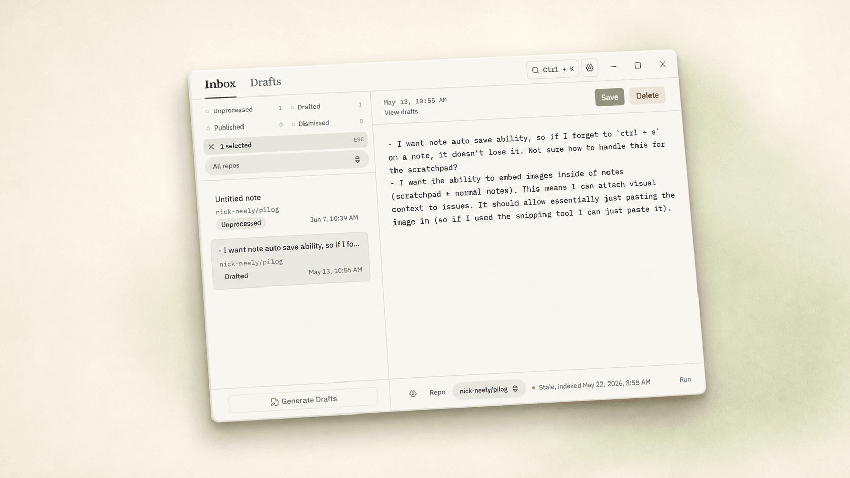 PiLog inbox screenshot presented on a warm paper background with a slight tilt